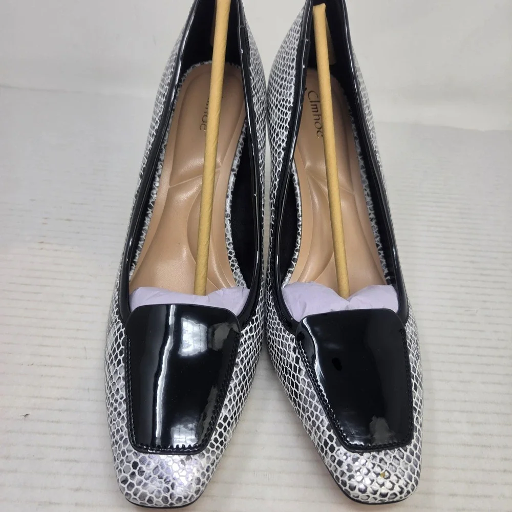 Clmhoe Pumps Women 10M Silver Snakeskin Patent Square Toe Block Heel Chic 10M